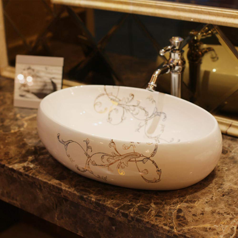 ELEdvb Bathroom Sink, Countertop Basin Oval Jingdezhen Bathroom Ceramic Sink Wash Basin Above Counter Wash Basin Bathroom Sink Shampoo Sink