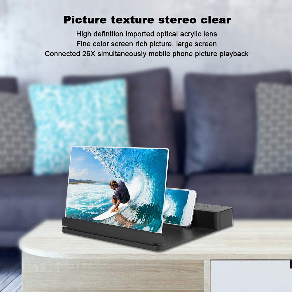 Lupa de Pantalla Móvil con Altavoz, Lupa de Pantalla de Teléfono Móvil con Altavoz Inalámbrico de 26 X 10 Pulgadas, Soporte de Sonido Amplificador de Ampliación (Negro)