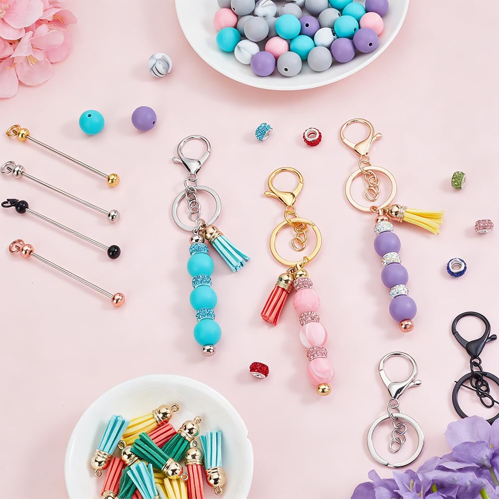 AHANDMAKER 156 Stück Perlen Schlüsselanhänger Bastelset, 16 Sets Perlen Schlüsselanhänger Stäbe mit 108 Stück Bubblegum 16 Stück Quasten Anhänger für DIY Bastelbedarf Schmuckherstellung