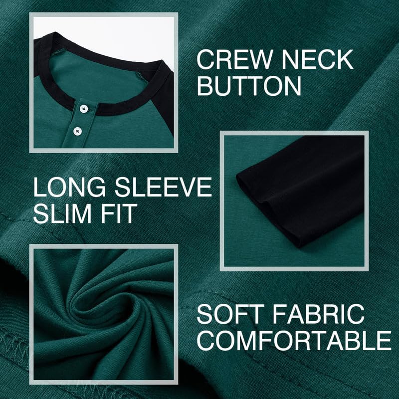 Men's Henley Shirt Fall Crewneck Color Block Slim Fit Long Sleeve T Shirts Button Up Tees - Image 3