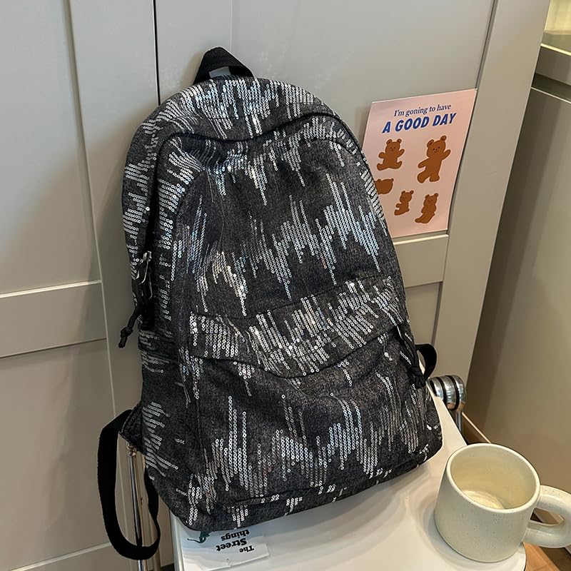 Trendy Shiny Backpack for Women – Fashion Large Capacity Y2k Backpack, Stylish Casual Daypack Daily Travel Work (black)3