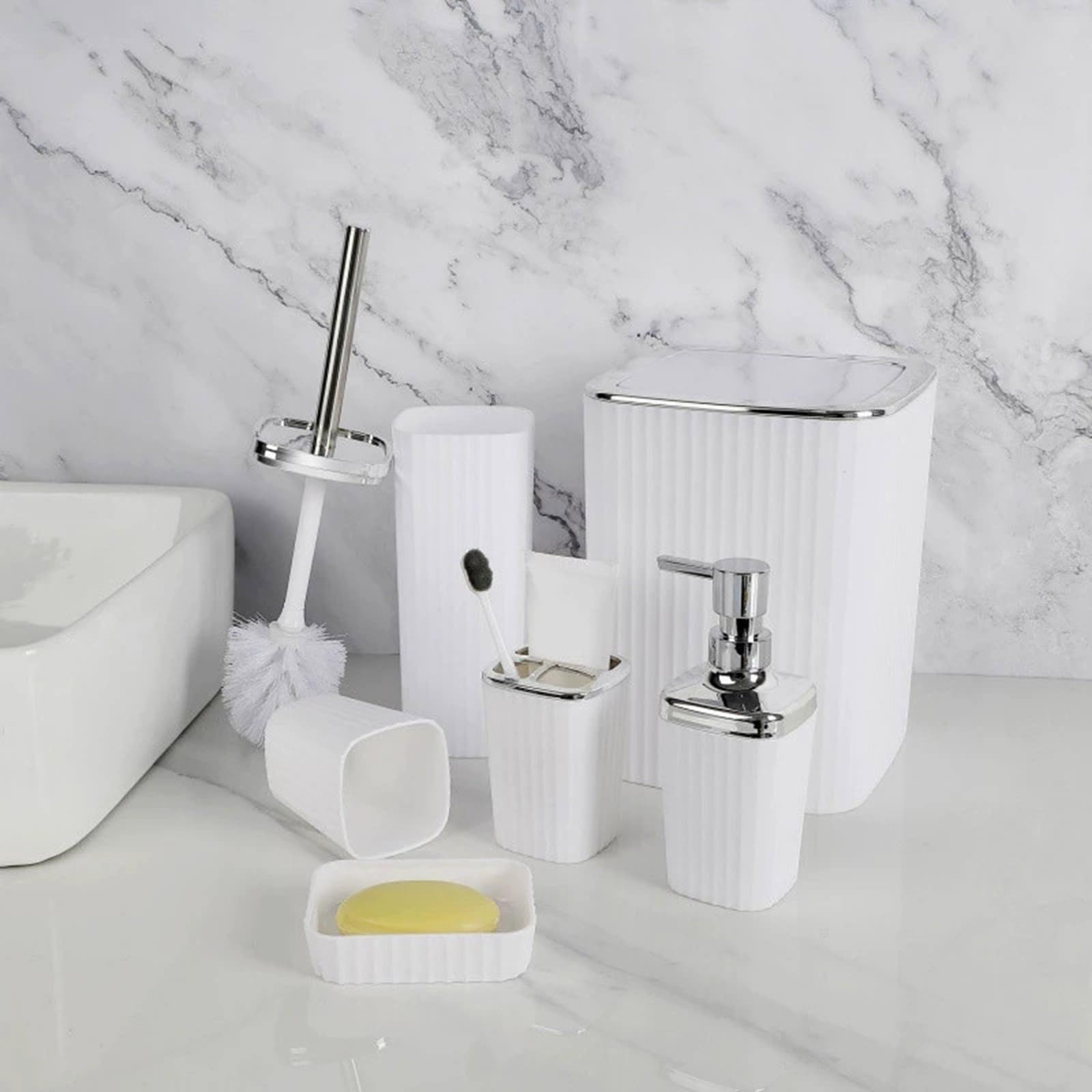 Juego completo de 6 piezas esenciales para el baño con soporte para cepillo de dientes, dispensador de jabón líquido de manos, bote de basura, dispensador de jabón reutilizable y juego de vasos para
