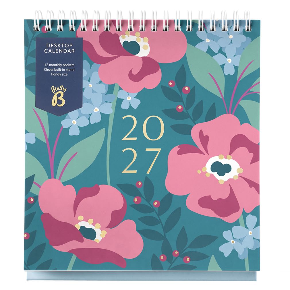 Busy B 2027 Desk Calendar - Teal Floral - Stand, Flip-Top & Pockets