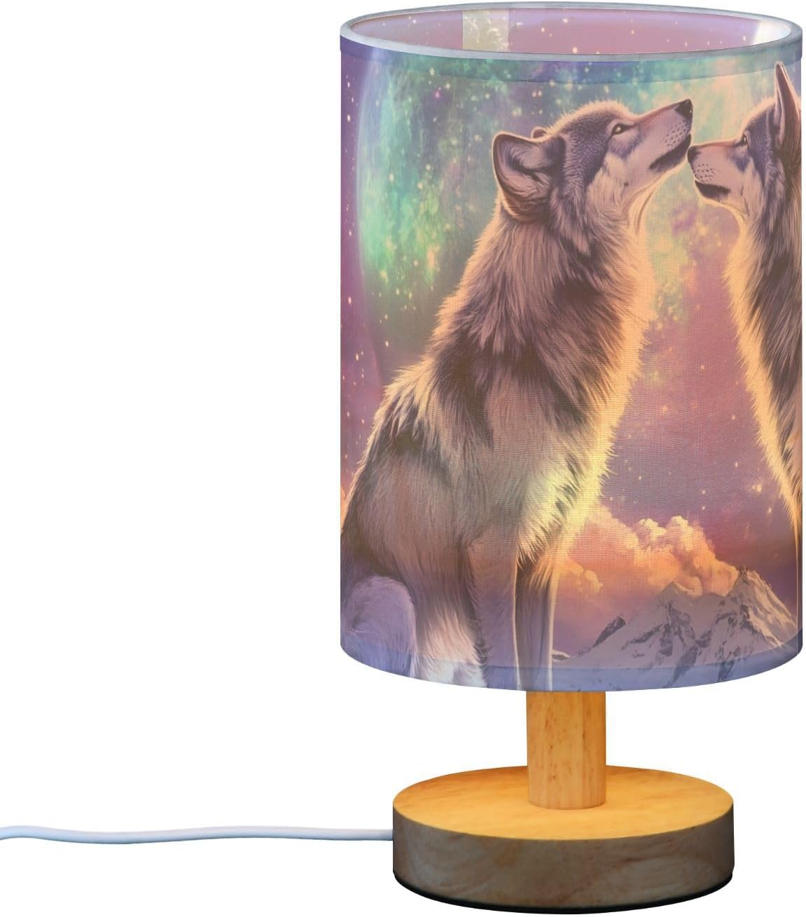Table Lamp White Wolf Moon Purple for Bedroom Living Room Desk Lamp with USB Port Nightstand Lamp with Round Flaxen Fabric Shade for Dorm Home Office LED Bulb Included