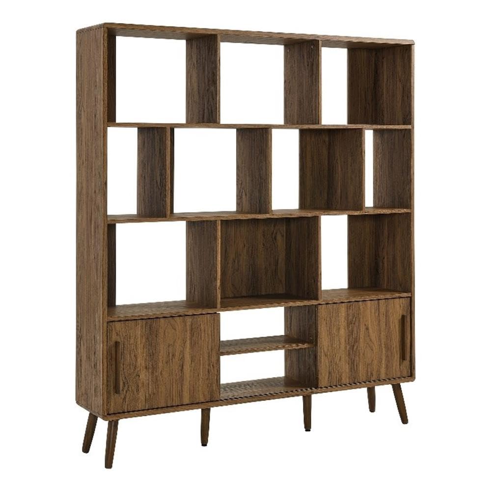 Modway Transmit 14 Shelf Bookcase with Sliding Doors in Walnut - 59 Inch Wood Mid-Century Modern Bookshelf - 4 Tier Wide Open Display Storage Cabinet