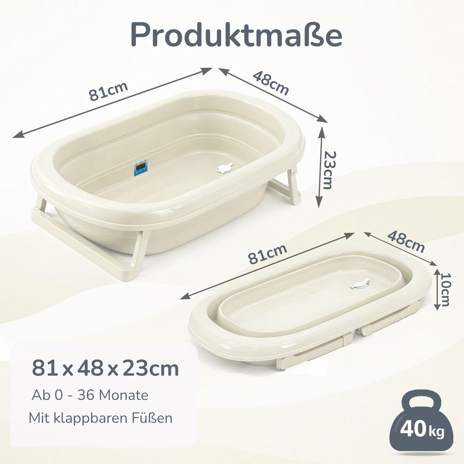 Babykajo Babybadewanne faltbar ab Geburt, mit Abflussstopfen & Thermometer-Sticker, BPA-frei, rutschfeste Füße, 81x48x23 cm, Babywanne faltbar für Neugeborene bis 16 Monate