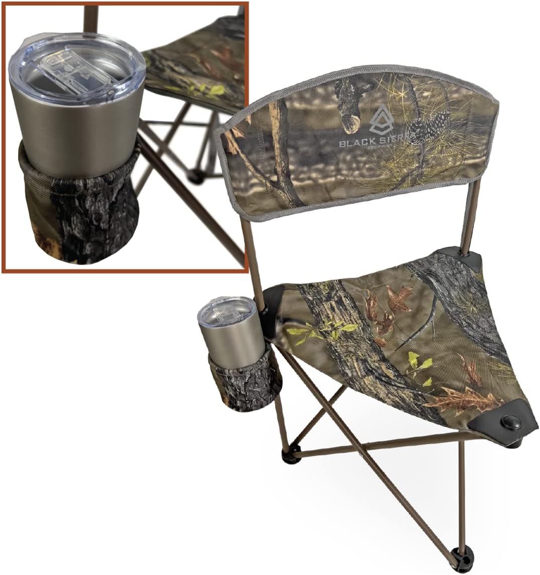 Black Sierra Elevation Tri-Pod Stool with Backrest, Lightweight, Folding Chair, for Camping, Hunting, and Fishing, Steel Frame Supports 225 LBS, Camo : Sports & Outdoors