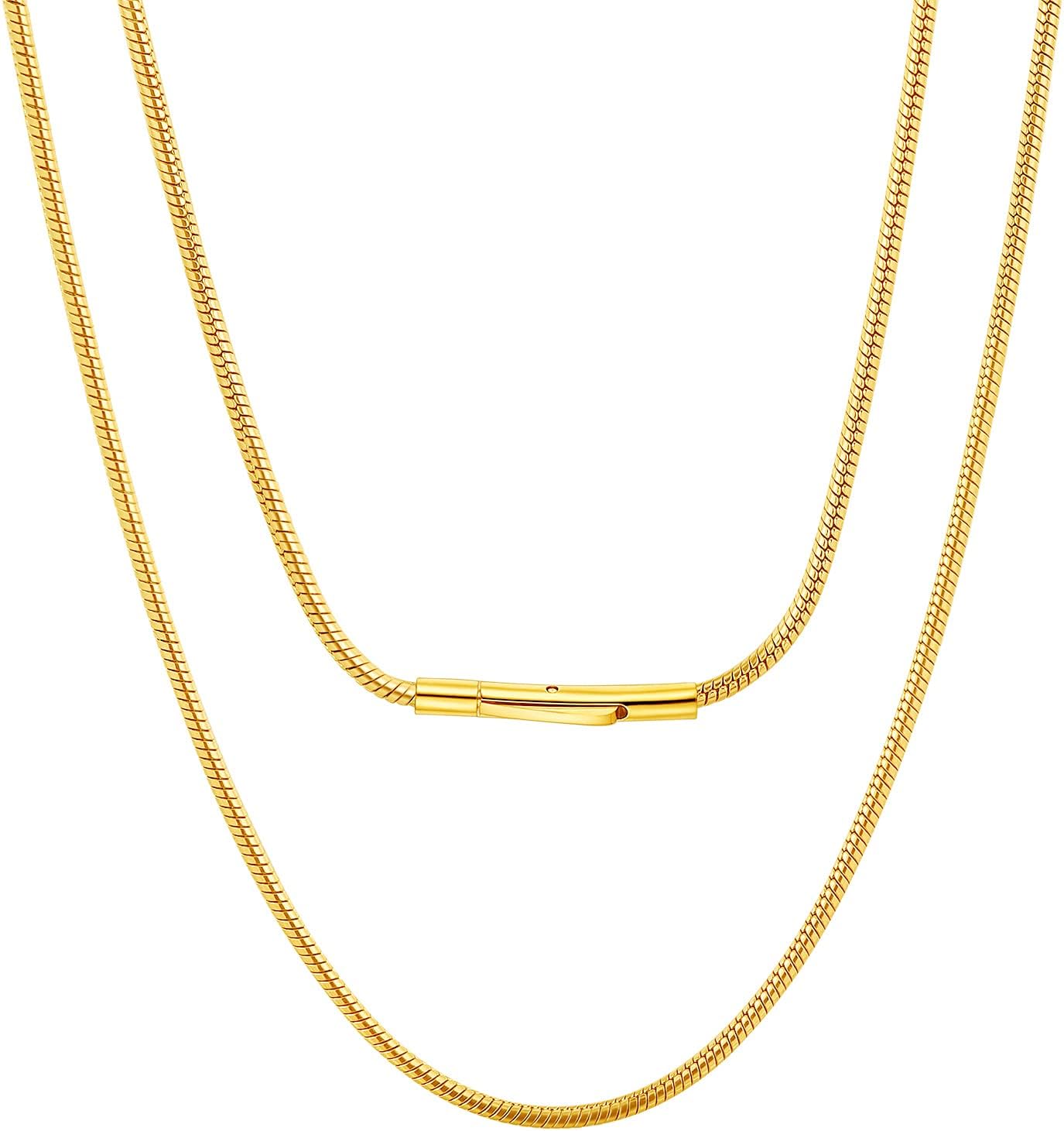 Round Snake Chain for Men Women Choker Layered Necklaces, 16-30inch Stainless Steel/Gold Plated/Black Hip Hop Men's Chain Necklace