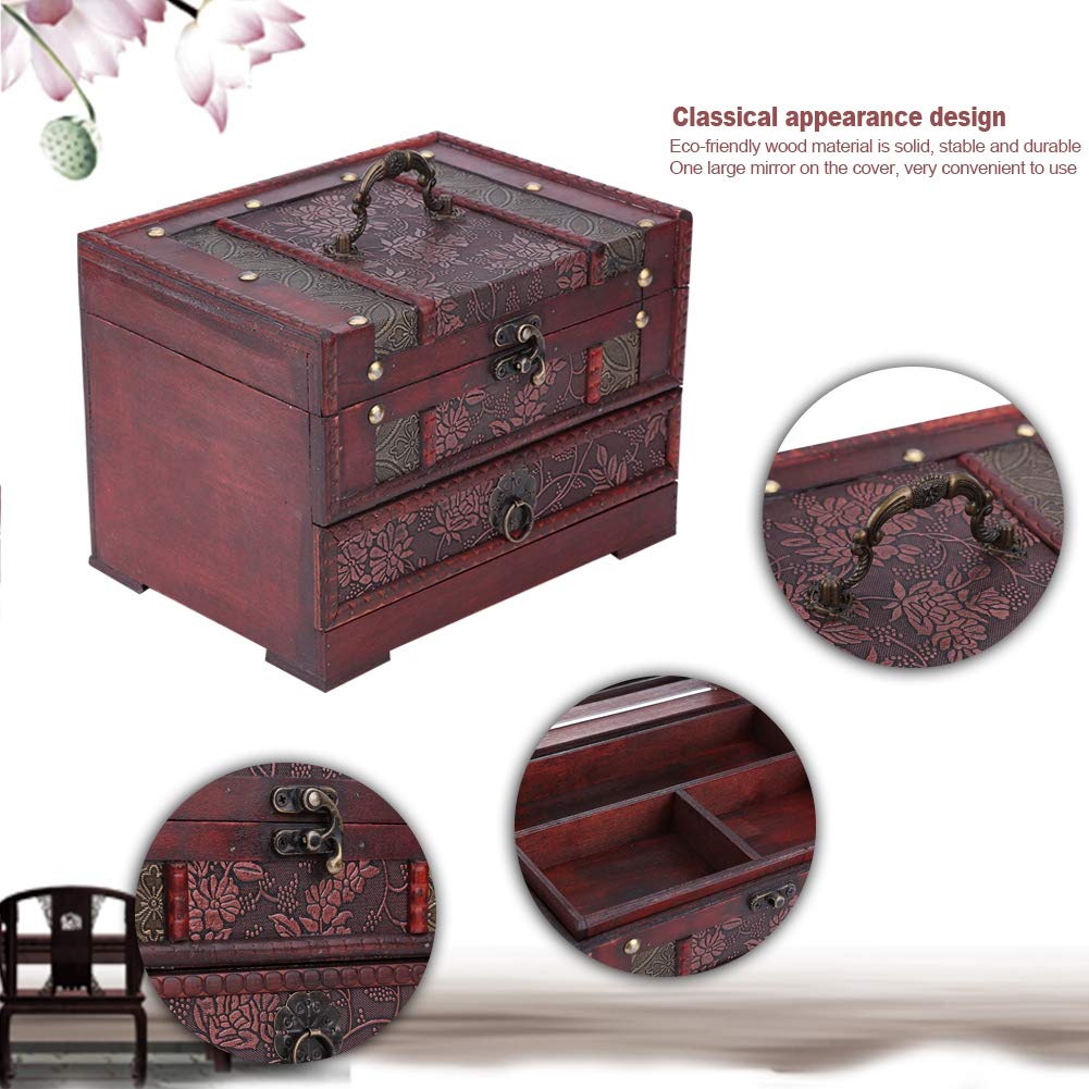 Cofre de joyería, 1 caja de almacenamiento clásica de madera para joyas, organizador de pecho con espejo para Navidad, día de San Valentín, día de la madre, regalos de cumpleaños