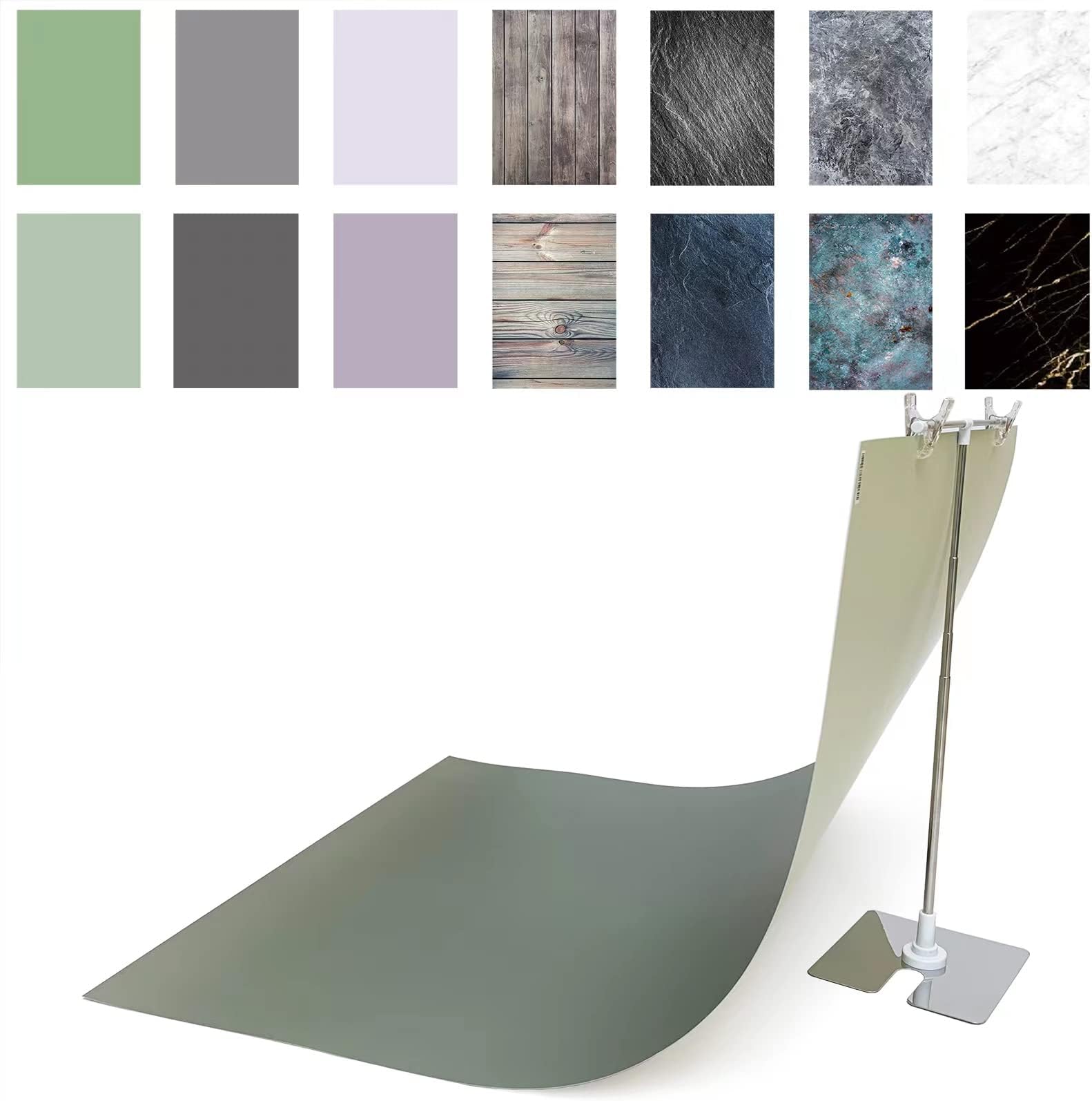 Exzycke 7PCS 14Patterns Photography Background Paper with Stand, 34x23in Double-Sided Photo Tabletop Backdrops Props for Food Jewelry Cosmetics Makeup (Green Purple Grey)