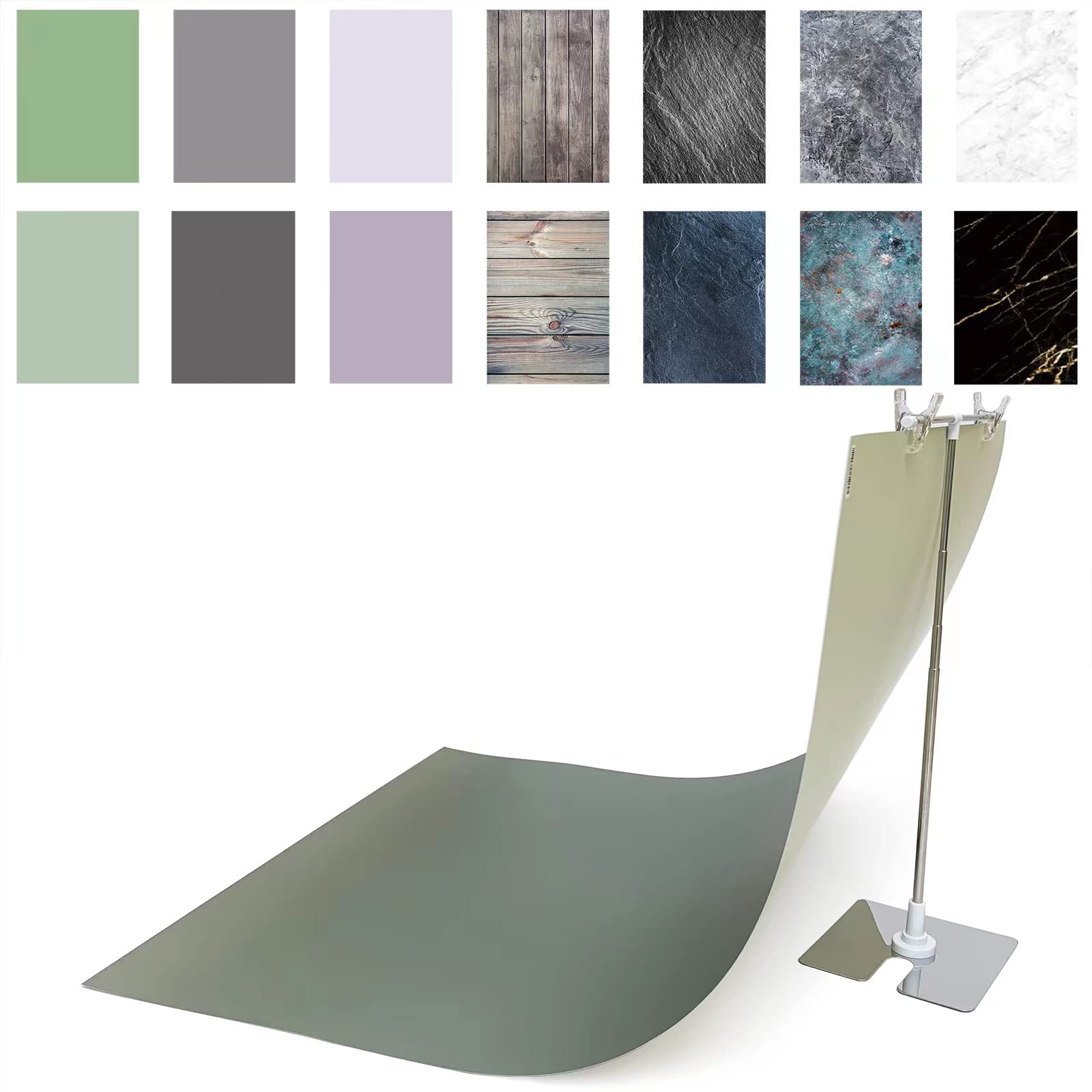 Exzycke 7PCS 14Patterns Photography Background Paper with Stand, 34x23in Double-Sided Photo Tabletop Backdrops Props for Food Jewelry Cosmetics Makeup (Green Purple Grey)