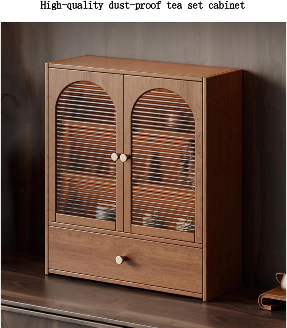 Bamboo Countertop Cabinet with Acrylic Doors, 15.7W x 18.5H x 5.9D inches, Kitchen Storage Display Case with Drawer, Arched Design (Brown)