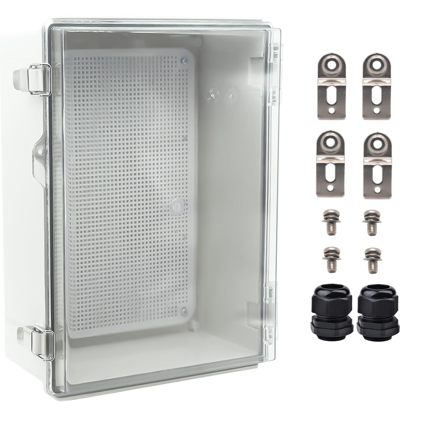 Waterproof Outdoor Electrical Box Junction Box Weatherproof IP67 ABS Plastic Enclosure Switch Router Project Box with Mounting Plate with Wall Bracket 2 Cable Glands Clear 14.6"x10.63"x5.9"