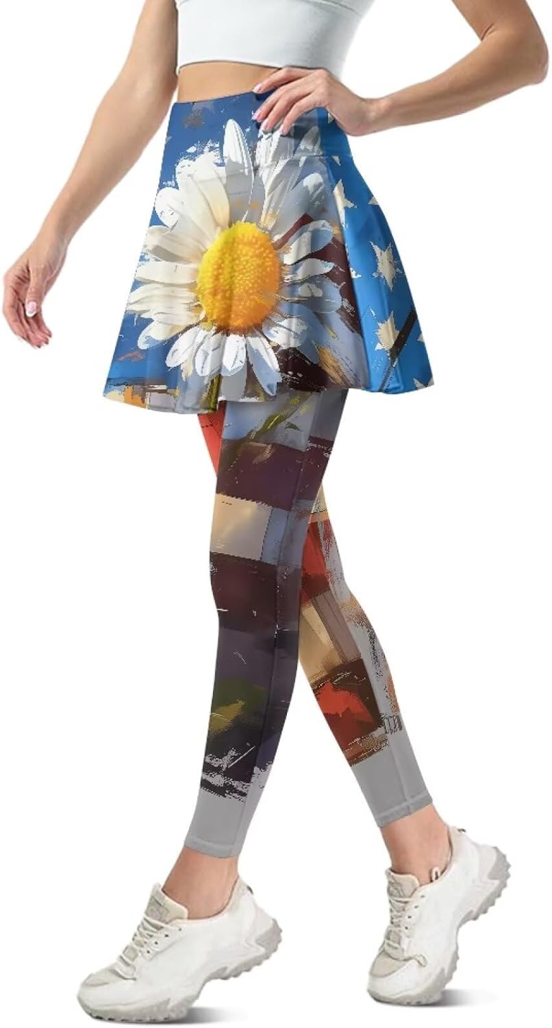 American Flag Women's Skirted Legging, Leopard Print Polyester High Waisted Wild Flower Yoga Leggings with Skirts