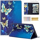 LittleMax(TM) All-New Kindle Fire HD 8 Case,Colorful Leather Kickstand Soft Gel Protective Cover with [Card Slot] for All-New Kindle Fire HD 8 [Free Cleaning Cloth,Stylus Pen]-05 Blue Gold Butterfly