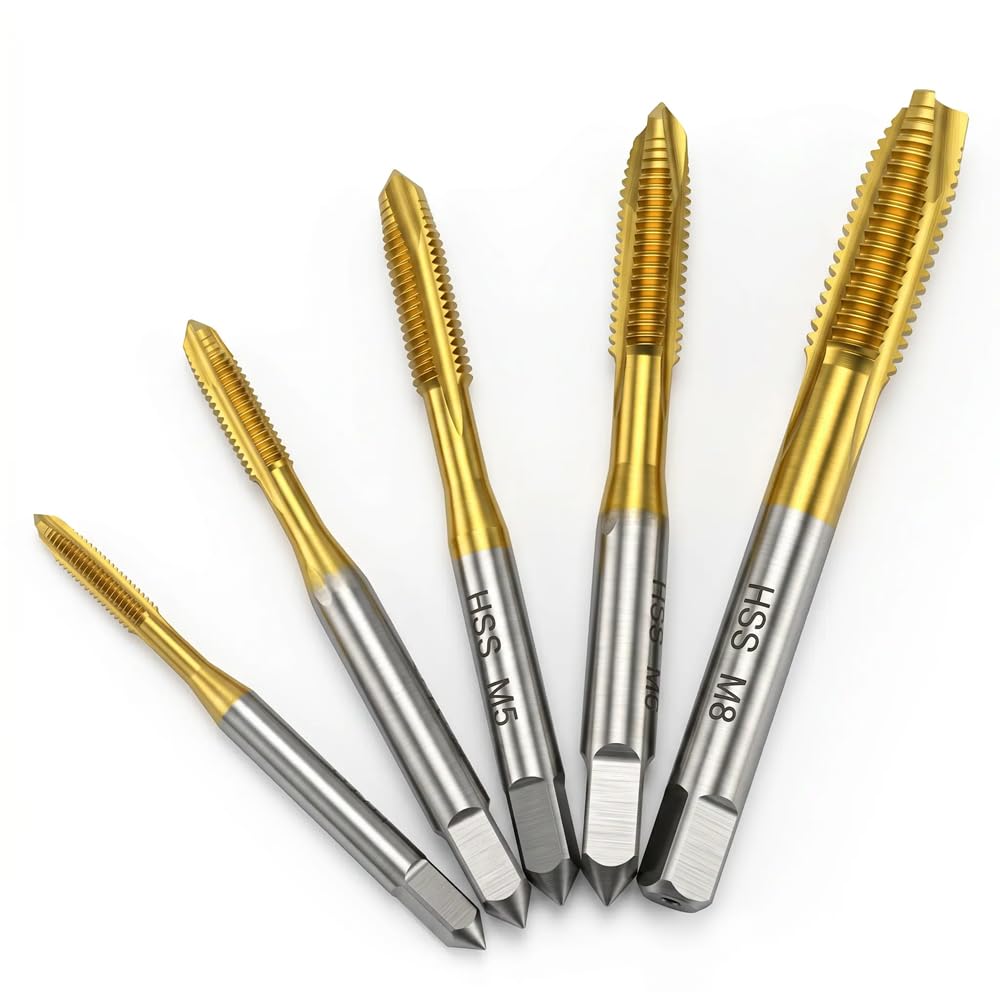 Maschi per Filettatura M3-M8 Titanio Rivestito HSS Strumenti per Maschiatura, 5 Pezzi