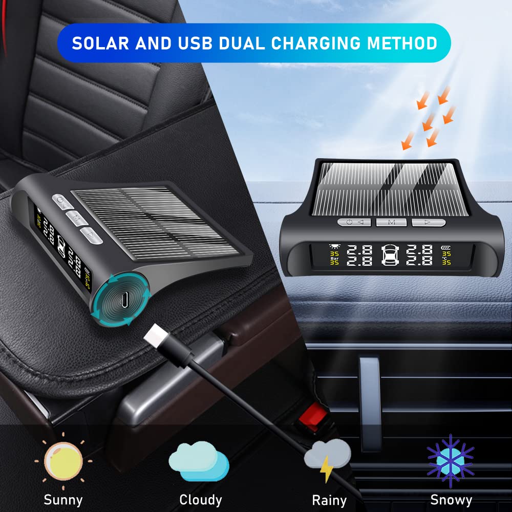 Tpms Sensore for auto Misuratore di pressione dei pneumatici solare 4 sensori Allarme Sistema di monitoraggio della pressione dei pneumatici for auto Sicurezza della pressione delle ruote Pressione Pn