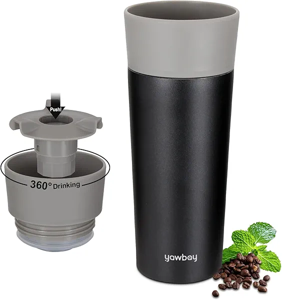 Yawbay Travel Coffee Mug with 360°Lid, Travel Coffee Tumbler 12 oz Leak Proof, Stainless Steel Insulated Travel Mugs for Hot and Cold Spill Proof Leak Proof(Grey)