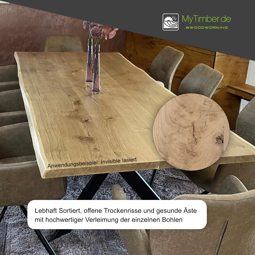 MyTimber® Tischplatte Eiche Massivholz Platte aus Echtholz | Baumkante oder gerade Kante | Naturbelassen oder geölt | Ein Hingucker für jeden Raum (Baumkante - geölt, 220x100cm)