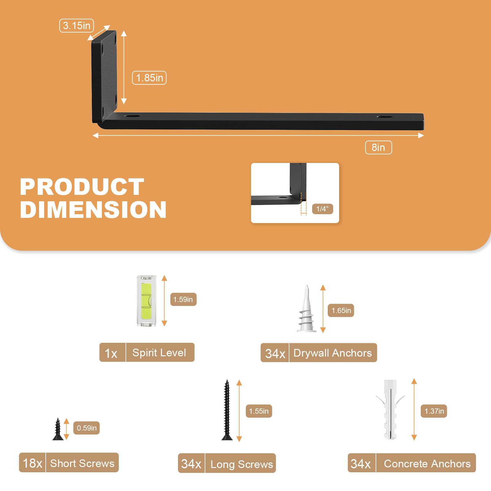 XIV Shelf Bracket,8 Inch Thick (1/4"), Black Metal L Brackets for Shelves, Floating Hidden Shelf Brackets,Heavy Duty Brackets for Shelf ,with Mounting Hardware,Easy Install,8 Pack