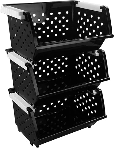 Paquete de 3 cestas organizadoras apilables de plástico, cesta de almacenamiento apilable, color negro