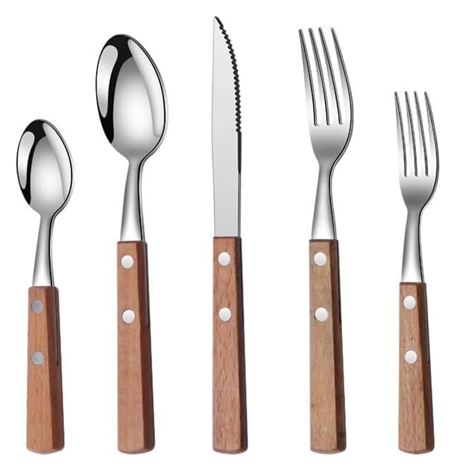 Posate in acciaio inox, set di piatti, posate in argento, 5/20/30/40 pezzi, stoviglie in acciaio inox 304 con manico in legno massello(1Set 5Pcs)
