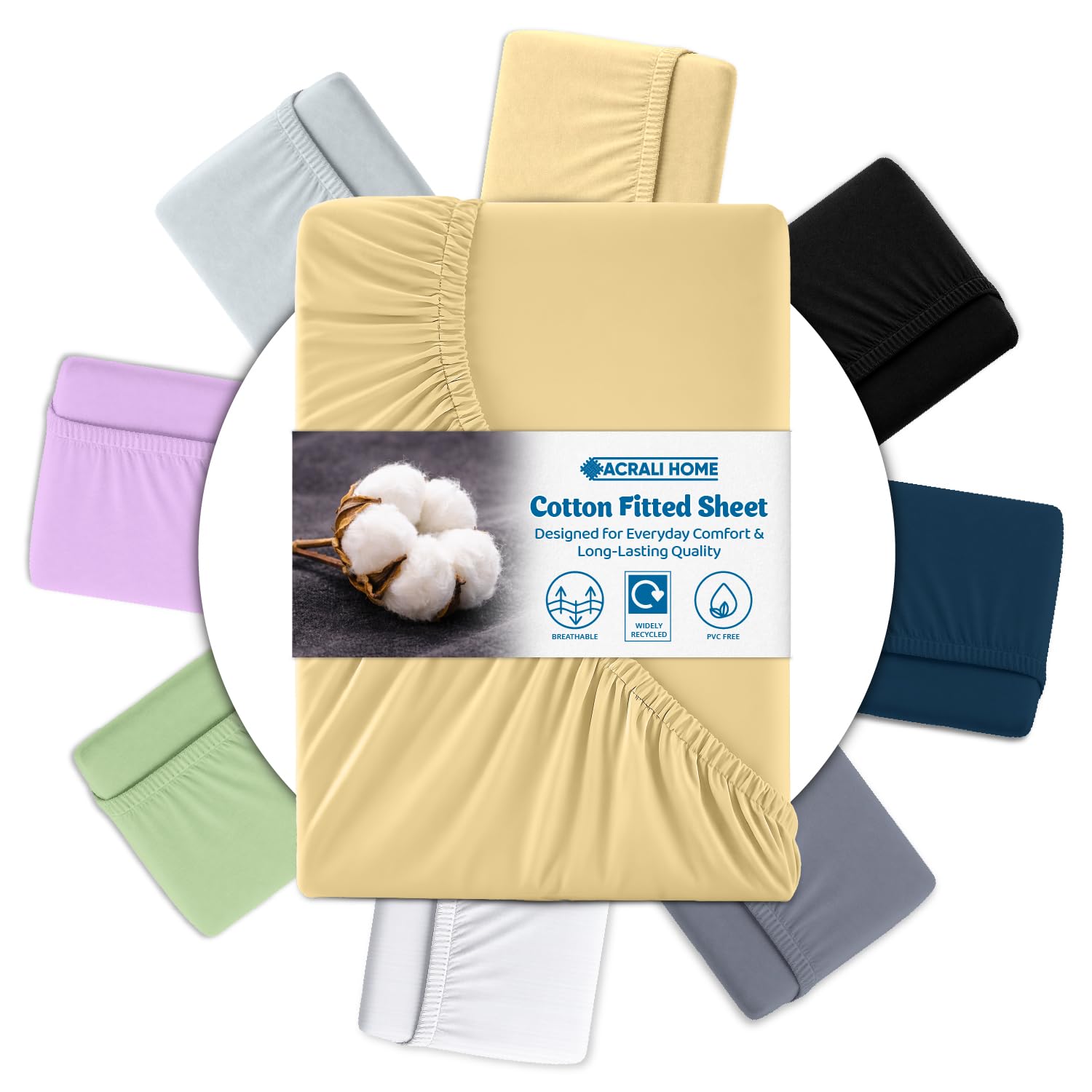 Acrali Home Yellow Egyptian Cotton Super King Size Fitted Sheet 180x200 cm - 200 Thread Count, Deep Pocket - Ultra Soft Hotel Quality, Breathable & Hypoallergenic Bottom Bed Sheet
