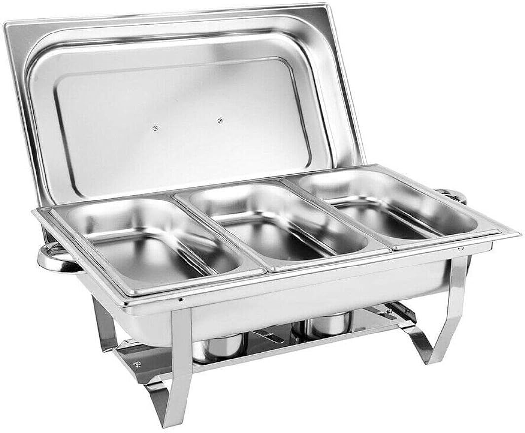 Buffet in Acciaio Inossidabile con Telaio, Ciotola d'Acqua, Vassoio di Cibo, Supporto Carburante e coperchi per riunioni di Famiglia, Banchetti, Buffet, Matrimoni (Tre scatole, 9l)