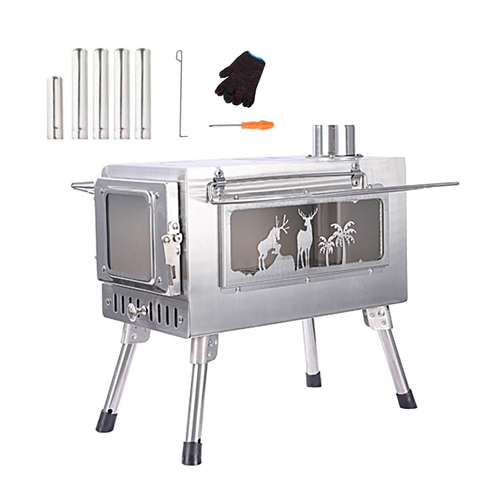 Outdoor Camping Stove, Stainless Steel Wood-stove with Chimney, for Tents, Camping, Hiking, Fishing, Heating and Cooking
