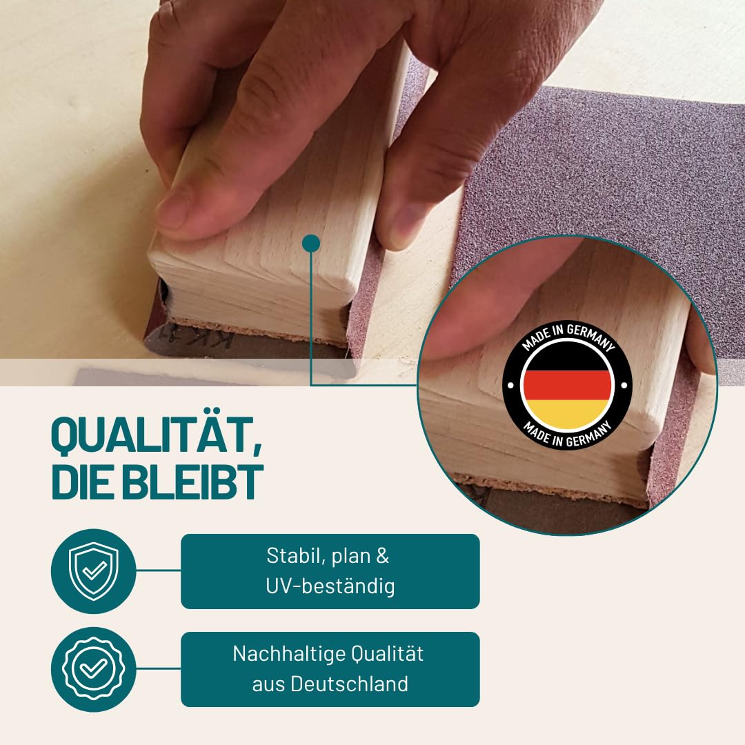Schleifklotz 115x64x36 mm | Hand-Schleifblock aus Buchenholz mit Korkauflage | Für handelsübliches Schleifpapier (Bogen oder Rollenware) | Made in Germany | Ergonomischer Holz-Schleifklotz