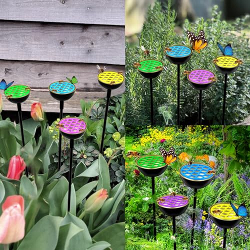 WSBXBB 4 Pack Bee Cups for Garden with Bee Island, Bee Waterer and Butterfly Water Stations, Bee Water Catcher Cups for Thirsty Pollinators, Bee Bath, Colorful Metal Garden Sculpture Stakes Decor