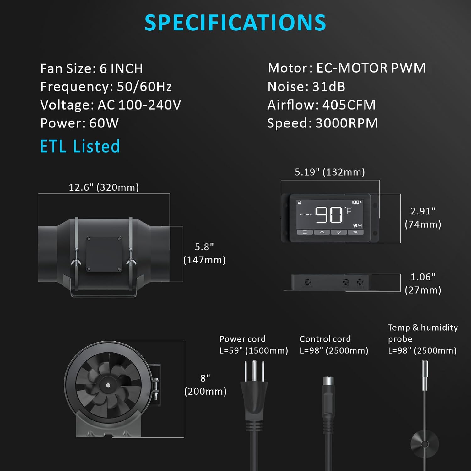 Toolazy 6 Inch Inline Duct Fan with Smart Controller, 405 CFM Quiet EC Motor Ventilation Fan with Temperature Humidity Sensor, Exhaust Fan for Grow Tent, Hydroponics, HVAC, Indoor Gardening