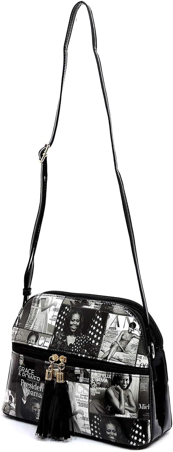 AMY&JOEY Glossy magazine cover collage multi compartments crossbody bag purses Michelle Obama bags with tassels (GY/BK)