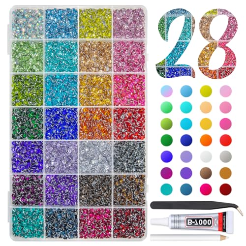 qiipii 28 Color 4mm Crystal Resin Rhinestones w B7000 Glue for Bedazzling Crafting SS16 Flatback Colorful Stones Crystals Gems Diamonds Bedaazler Kit for Nails Eyes Face Makeup Tumblers Bottles Crafts