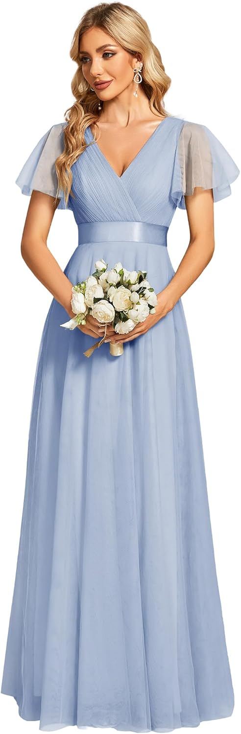 Ever-Pretty Women's Mother of Bride Dress Double V-Neck Empire Waist Front Wrap Tulle Bridesmaid Dress 07962