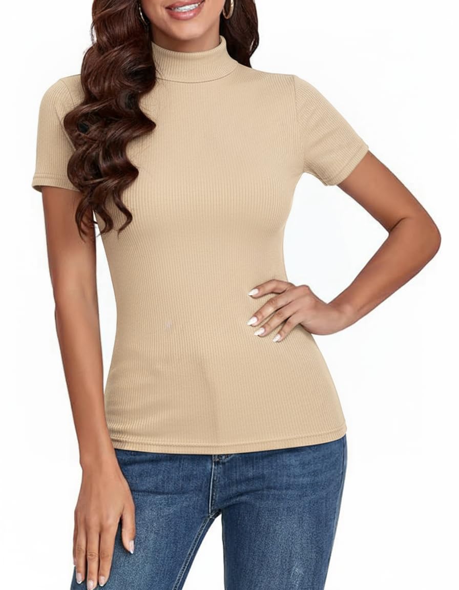 Totatuit Damen T-Shirt Kurzarm Gerippt Slim Fit Oberteile Elegant Basic Sommer Casual Stretch Tshirt mit Stehkragen Rollkragenshirt Tops S-XXL