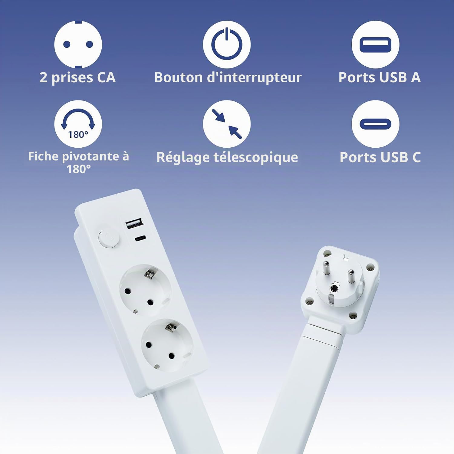 Prise murale extensible et rotative avec USB-A, USB-C et 2 prises - Idéal pour les coins étroits tels que les tables de chevet, les canapés et les bureaux.