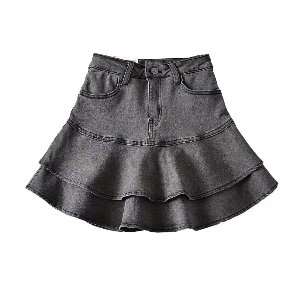 Gonne A Ruota,Minigonna Da Donna Grigia Gonna Di Jeans Con Impiombatura A Vita Alta Tasca Con Cerniera Alla Moda Tinta Unita A-Line Gonna Corta Con Volant A Strati Increspato Per Ragazze Signore,S