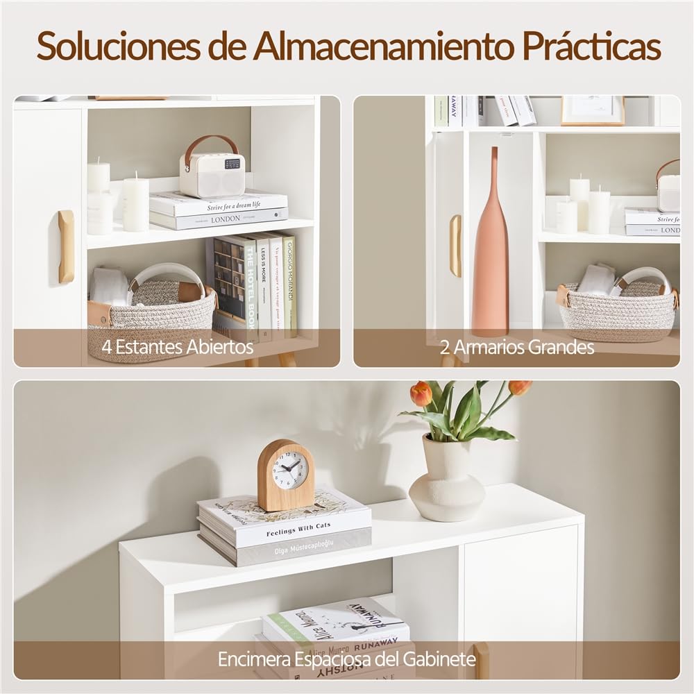 Yaheetech Librería de Madera Estantería de Libros | con 2 Armarios con Puerta y 4 Estantes Abiertos Armario Auxiliar con Patas para Estudio, salón, Dormitorio, Oficina Blanco