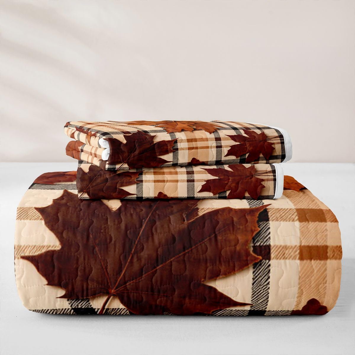 Castle Fairy Vintage Plaid Autumn Quilt Set Fall Maple Leaf Foliage Quilted Coverlet Kids Boys Girls Thanksgiving Farmhouse Lightweight Soft Bedspread Coverlet with 2 Pillow Sham King Size Brown Black