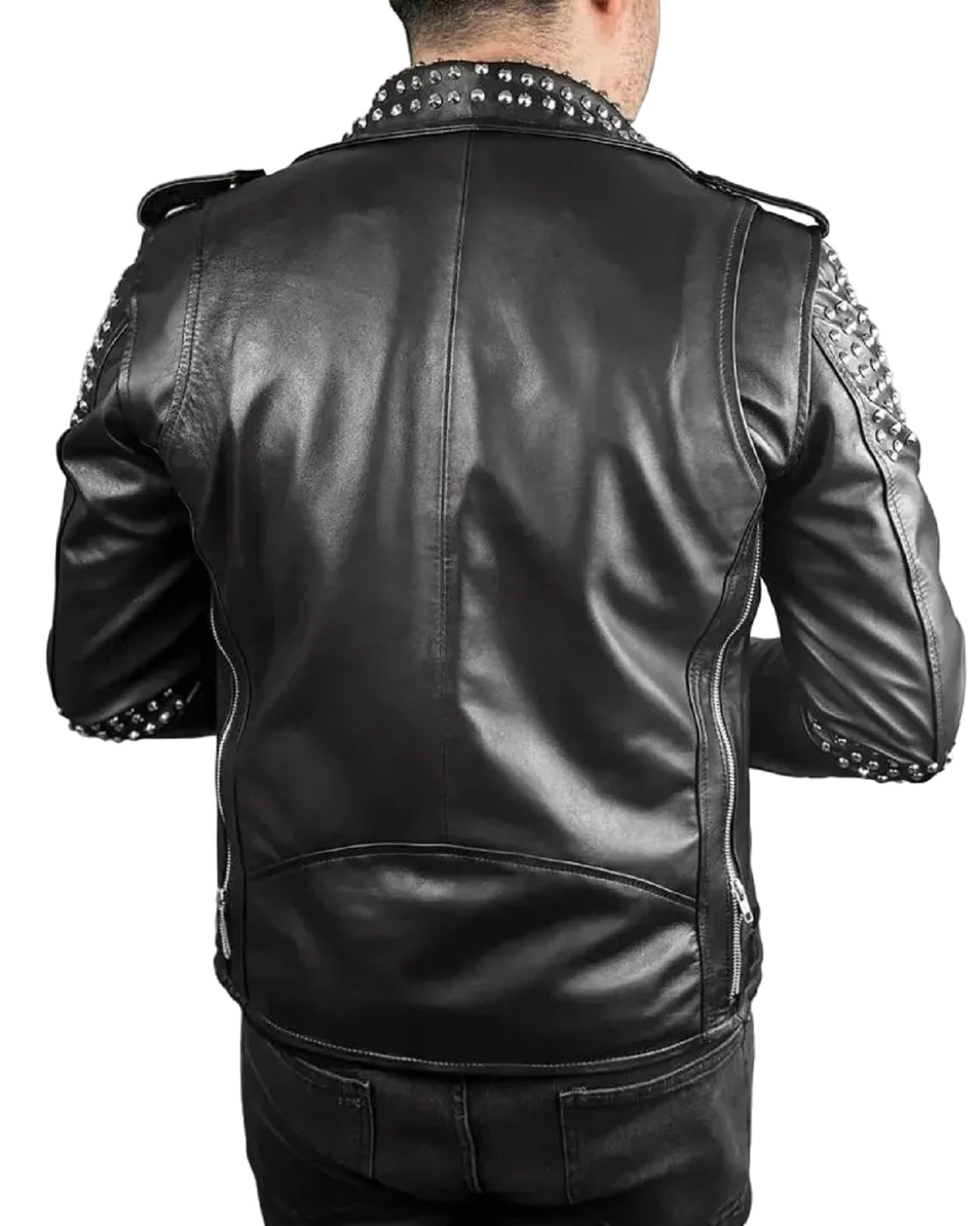 Giacca in pelle da uomo, stile punk rock, con borchie, stile vintage