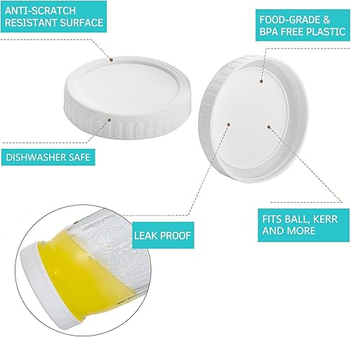 Miniatura 2 de Ganganmax Tapas de plástico para tarros Mason con anillos de sellado, paquete de 12 tapas de almacenamiento de plástico blanco para tarros de