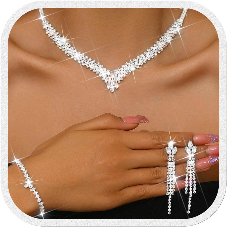 Brishow Conjuntos de joias de casamento de prata, colares e brincos de strass com pulseira de cristal, bijuteria formal para mulheres