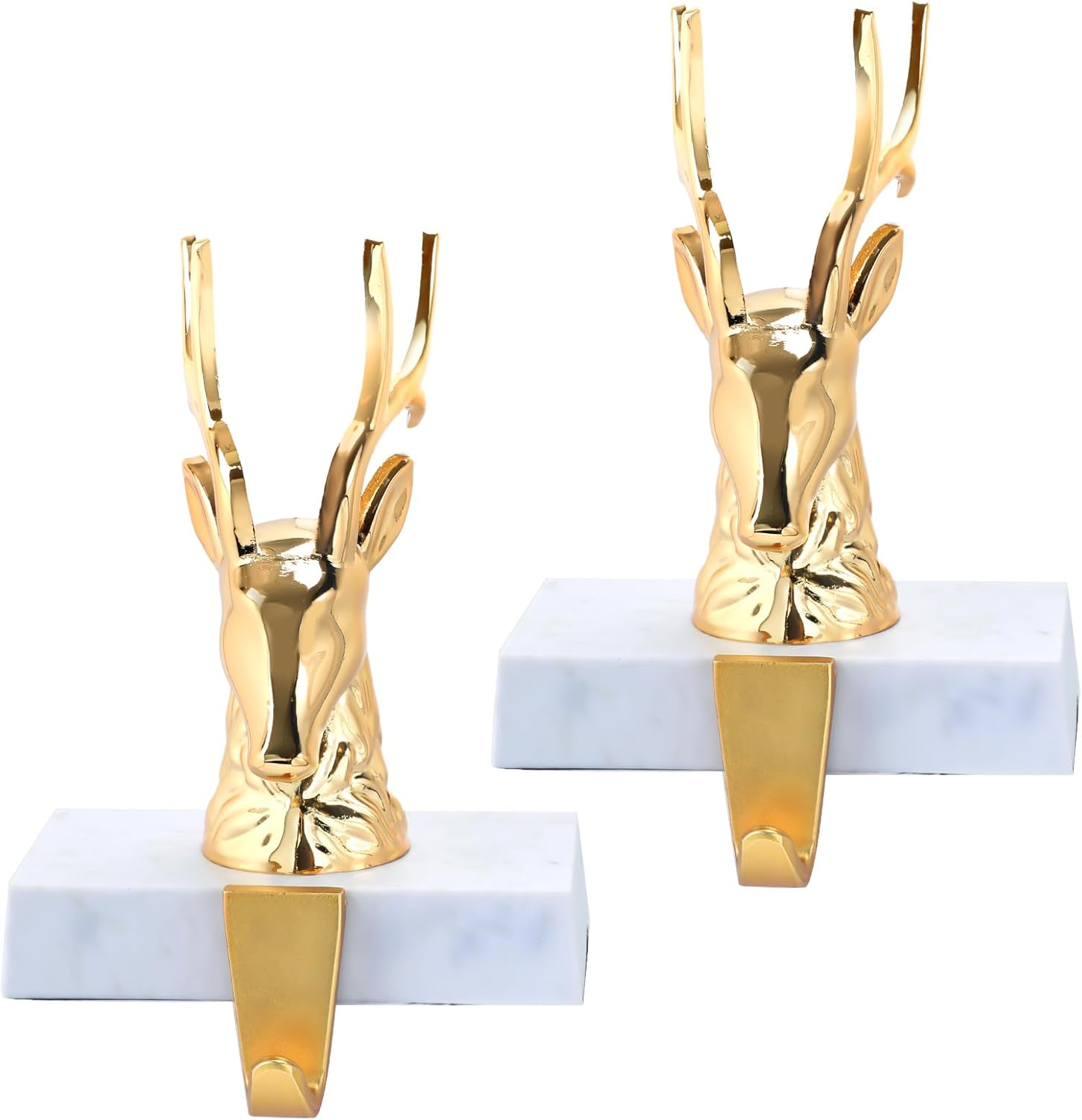 Christmas Stocking Holders for Mantle Set of 2, Reindeer Metal Mantel Stockings Hangers Hooks for Xmas Shelf Fireplace Toppers Decorations (Chrome Gold)
