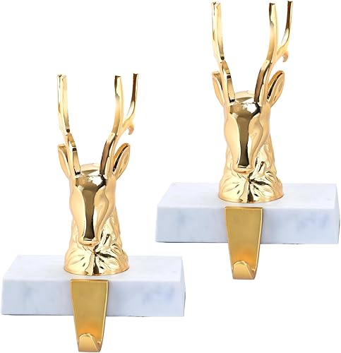 Miniatura 7 de Juego de 2 soportes de calcetines de Navidad para manto, ganchos de metal con renos para decoración de estantes de Navidad, chimeneas (oro cromado)