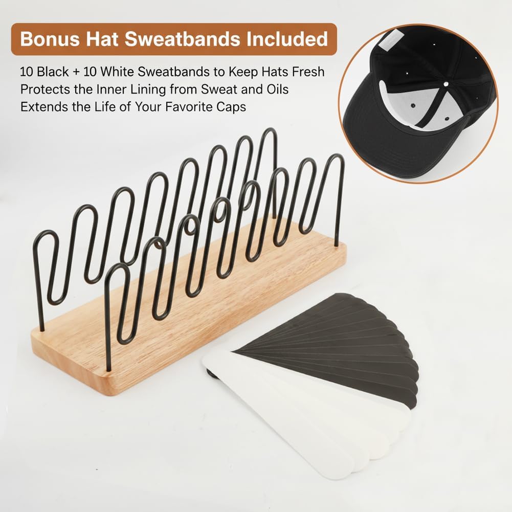 Hat Organizer for Baseball Caps, 2 Pack Hat Rack Stand with 20 Hat Sweat Liners, Tabletop Baseball Rack Storage for 14 Caps, Display Organizer for Closet, Bedroom, Entryway