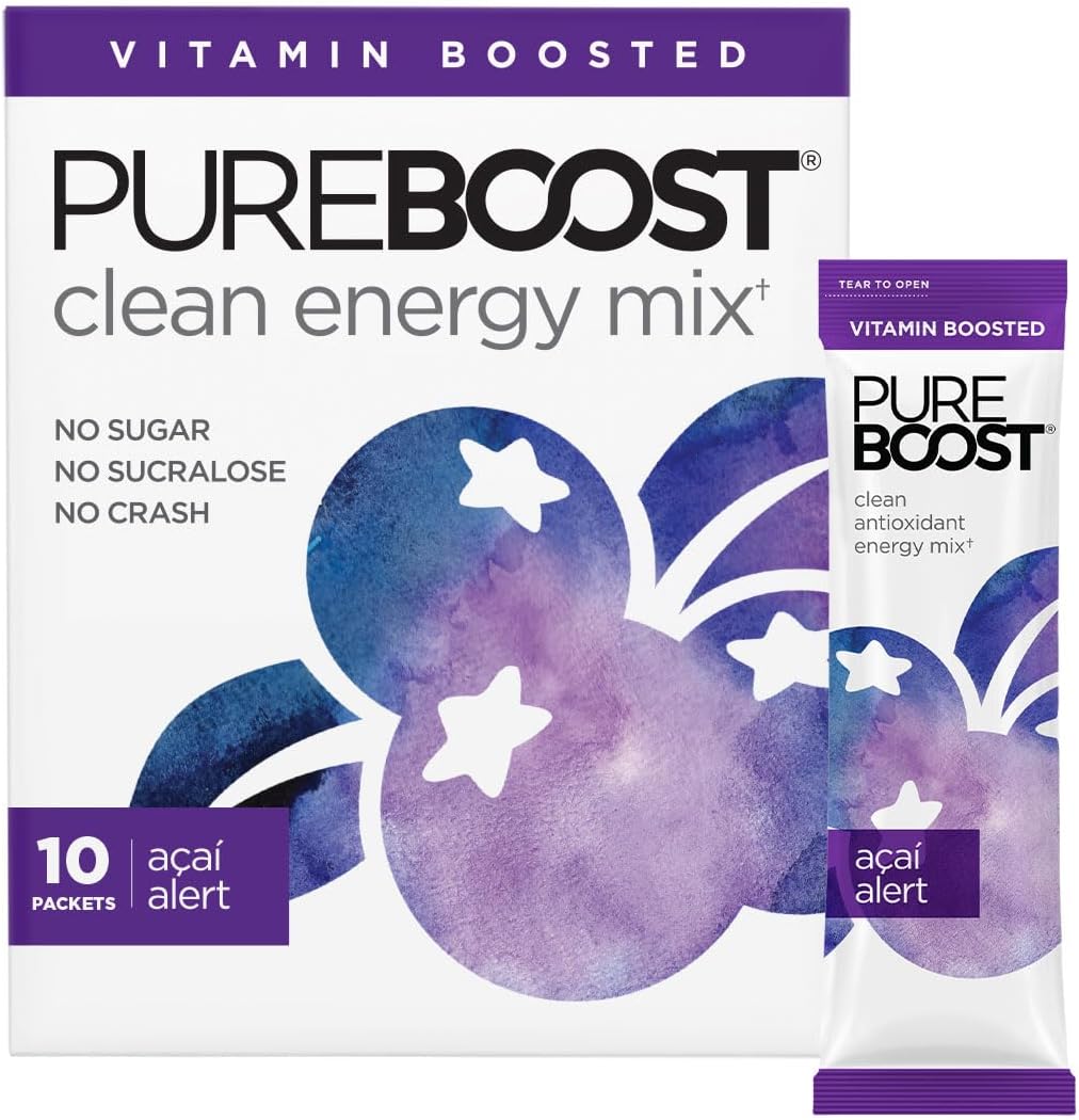 Pureboost Sugar-Free Clean Energy Booster, Acai Alert 10 Count, Refreshing Energy Drink Mix with B12 Vitamins, Electrolytes, Antioxidants, No Sucralose