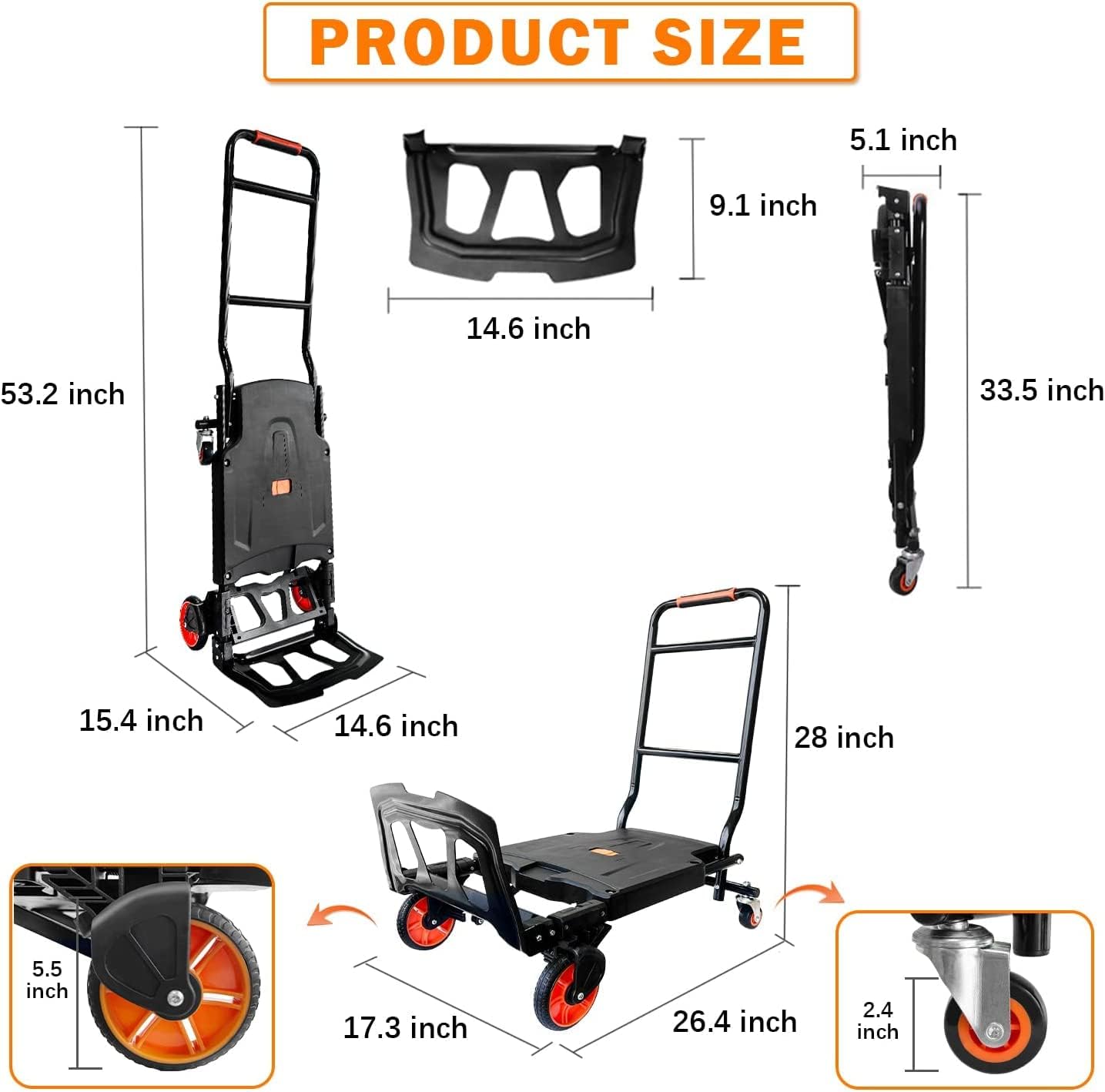 Folding Hand Truck 2 in 1 Platform Truck Cart Heavy Duty Folding Push Dolly for Moving One-Button Folding Dual-Purpose Design 330lbs Capacity Hand Cart Foldable Dolly Push Cart with Bungee Cord Black