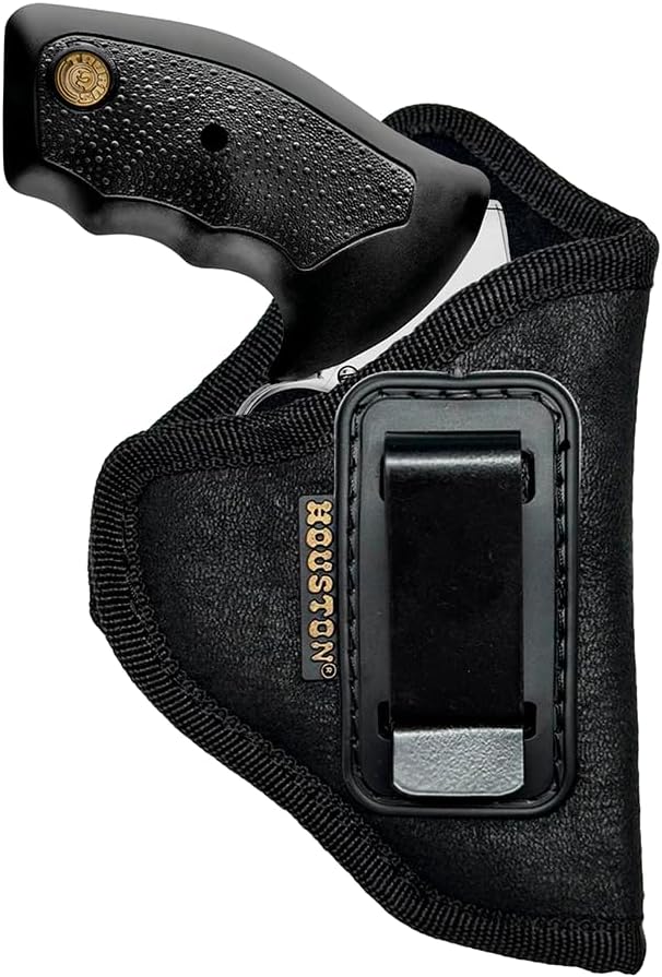 HOUSTON Gun Holster for Revolvers – ECO Leather Concealed Carry Holster for .38 J Frame S&W Taurus Rossi Ruger LCR – Inside Waistband with Metal Clip – Fits Most 5 Shot Revolvers