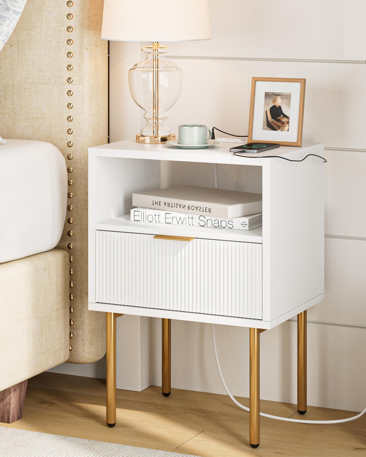 Masupu Nightstand with Charging Station,Mid-Century Modern Bedside Table with Storage Drawer and Open Wood Shelf,Small Gold Frame Side Table for Bedroom,Living Room (White)
